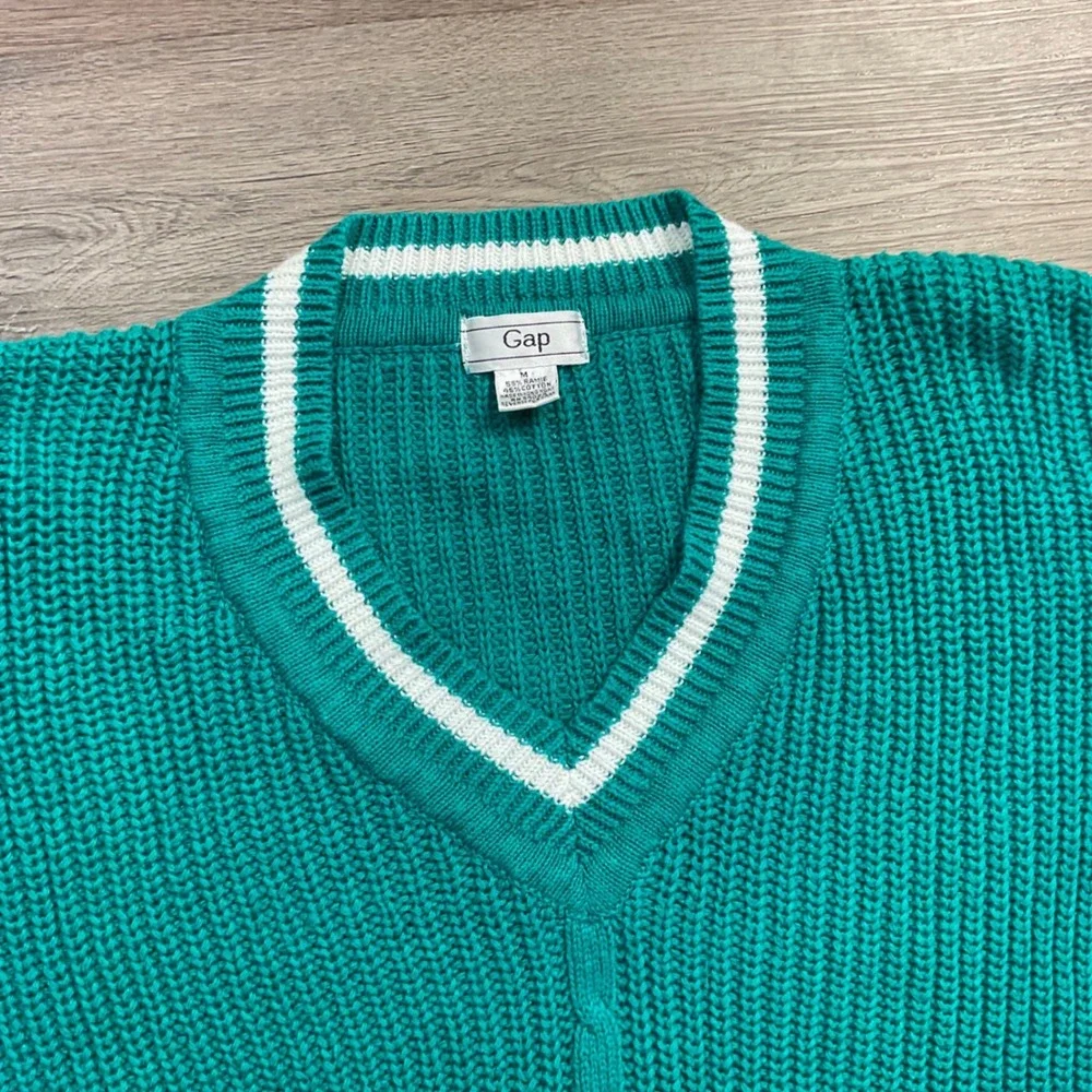 Vintage‎ 90s Gap Shaker Knit V Neck Preppy Sweater Women Medium Teal Green White